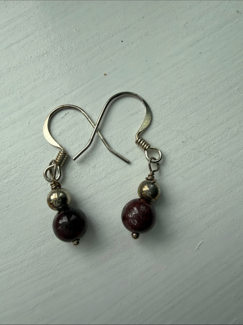Sterling Drop Earrings with Dark Red Garnet Beads